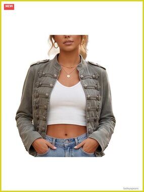 Military Open Front Cropped Denim Jacket Steampunk Napoleon
